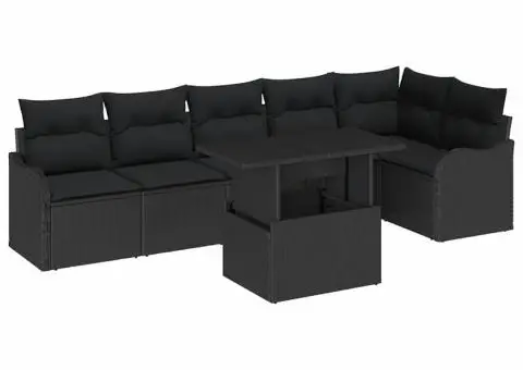 Set Canapea de Grădină Neagră cu 7 Piese și Perne din Poliratan - 2/5