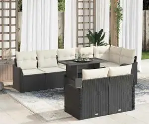 Set de canapea de grădină 9 piese cu perne Ratan Poliratan Negru