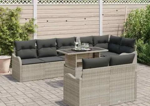 Set de sofa de grădină 9 piese cu perne gri deschis din poli ratan - 3/5