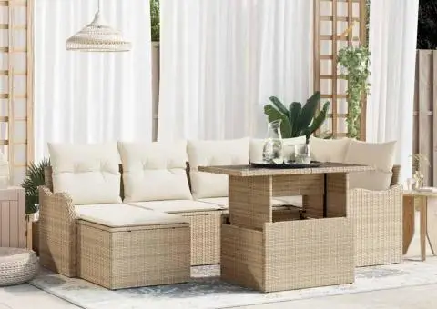 Set de canapele pentru grădină cu 7 bucăți și perne bej din ratan poliester - 1/5