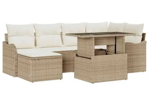 Set de canapele pentru grădină cu 7 bucăți și perne bej din ratan poliester - 2/5