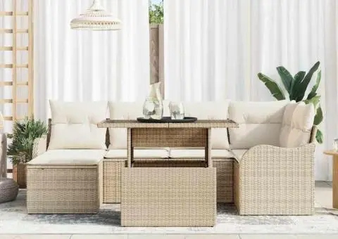 Set de canapele pentru grădină cu 7 bucăți și perne bej din ratan poliester - 3/5