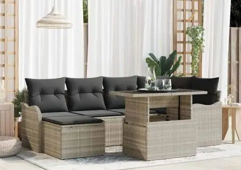 Set de canapea de grădină cu 7 piese și perne gri deschis din ratan poli - 1/5