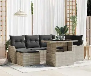 Set de canapea de grădină cu 7 piese și perne gri deschis din ratan poli