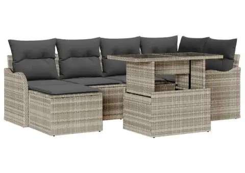 Set de canapea de grădină cu 7 piese și perne gri deschis din ratan poli - 2/5