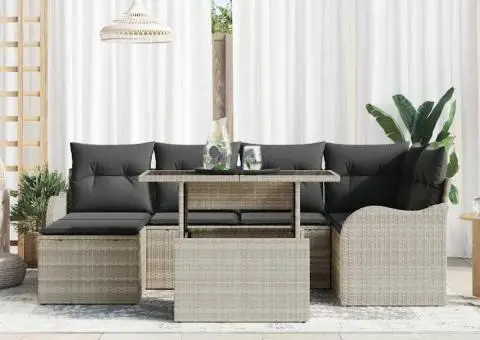 Set de canapea de grădină cu 7 piese și perne gri deschis din ratan poli - 3/5