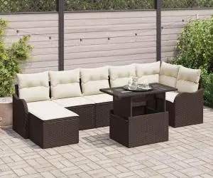 Set de 8 Piese de Sofa pentru Grădină cu Pernuțe Maro Ratan Poli