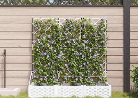 Jardiniere de grădină cu spalier, 3 buc., alb, 120x40x125.5 cm - 3/5