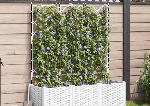 Jardiniere de grădină cu spalier, 3 buc., alb, 120x40x143 cm - 1/5