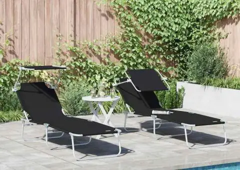 Șezlonguri Pliabile 2 buc cu Copertină Neagră din material Oxford 600D - 1/5