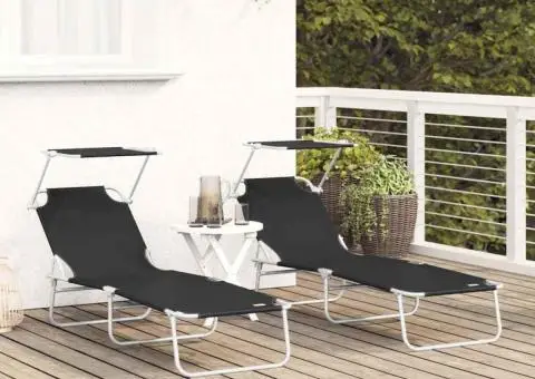 Șezlonguri Pliabile 2 buc cu Copertină Neagră din material Oxford 600D - 3/5