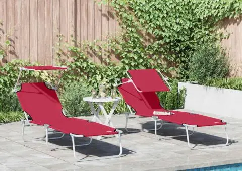 Șezlonguri pliabile 2 buc cu copertină Roșu din Textilenă 600D - 1/5