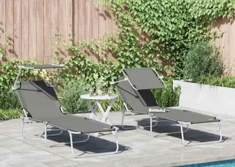Set de șezlonguri pliabile 2 pcs cu copertină gri din țesătură Oxford 600D - 1/5