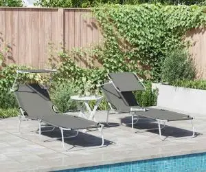 vidaXL Set de șezlonguri pliabile 2 pcs cu copertină gri din țesătură Oxford 600D