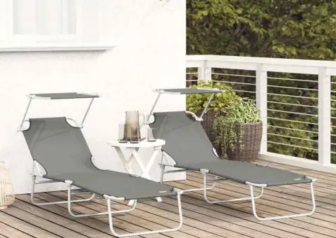 Set de șezlonguri pliabile 2 pcs cu copertină gri din țesătură Oxford 600D - 3/5