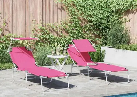 Șezlonguri pliabile 2 bucăți cu copertină roz din țesătură Oxford 600D - 1/5