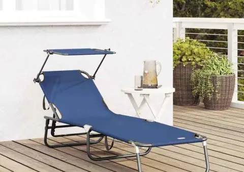 Șezlong Pliabil cu Copertină Albastru din Material Oxford 600D - 3/5