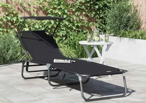 Șezlong pliabil cu copertină Negru 600D material Oxford - 1/5