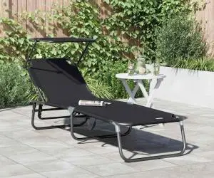 vidaXL Șezlong pliabil cu copertină Negru 600D material Oxford