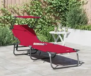 vidaXL Șezlong pliabil cu copertină roșu din țesătură Oxford 600D