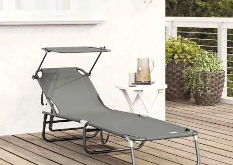 Șezlong pliabil cu copertină Gri din material Oxford 600D - 3/5