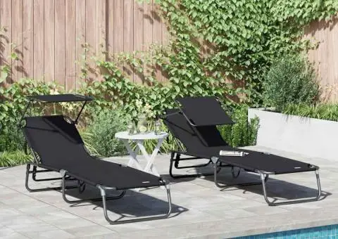 Șezlonguri Pliabile 2 buc cu Copertină Negru Material Oxford 600D - 1/5