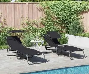 vidaXL Șezlonguri Pliabile 2 buc cu Copertină Negru Material Oxford 600D