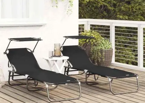 Șezlonguri Pliabile 2 buc cu Copertină Negru Material Oxford 600D - 3/5