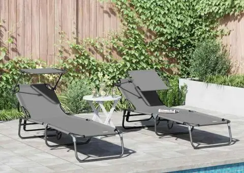 Set de 2 șezlonguri pliabile cu baldaquin Gri din material Oxford 600D - 1/5