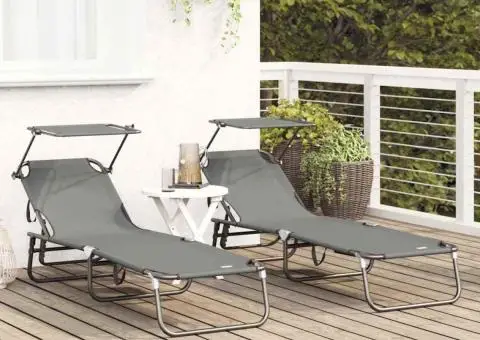 Set de 2 șezlonguri pliabile cu baldaquin Gri din material Oxford 600D - 3/5