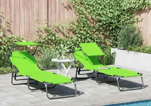 2 șezlonguri pliabile cu copertină Verde țesătură Oxford 600D - 1/5