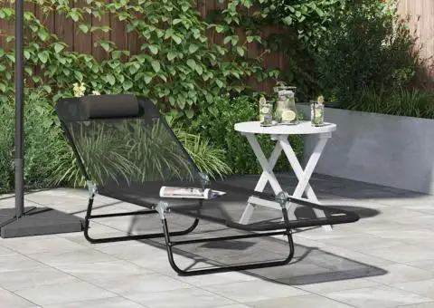 Șezlong pliabil cu suport pentru cap Negru Textilenă - 1/5