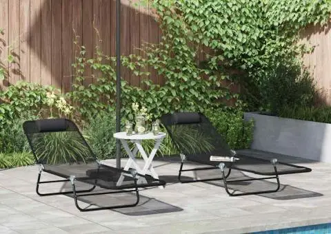 Set de 2 șezlonguri pliabile cu suport pentru cap negru Textilenă - 1/5