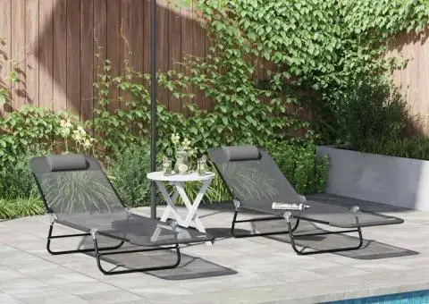 Șezlonguri pliabile 2 pcs cu suport pentru cap gri textilenă - 1/5