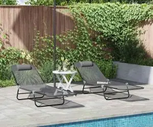 vidaXL Șezlonguri pliabile 2 pcs cu suport pentru cap gri textilenă
