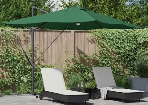 Parasol cantilever Roma verde cu LED-uri, dimensiuni 352x251x265 cm, din aluminiu. - 1/5