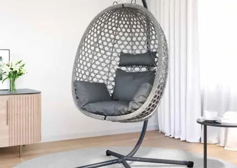 Scaun Egg Suspendat cu Suport Gri din Răchită - 3/5