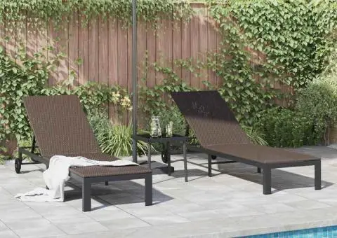 Șezlonguri cu roți și masă, 2 buc., maro, poliratan - 4/5