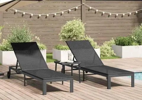 Șezlonguri cu roți și masă, 2 buc., negru, poliratan - 1/5