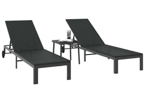 Șezlonguri cu roți și masă, 2 buc., negru, poliratan - 3/5
