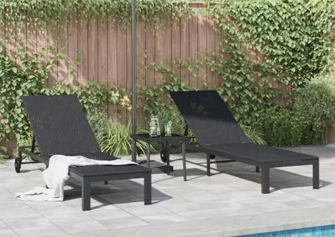 Șezlonguri cu roți și masă, 2 buc., negru, poliratan - 4/5