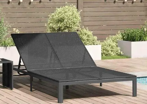 Șezlong cu perne și roți, 2 persoane, negru, poliratan - 1/5