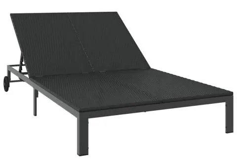 Șezlong cu perne și roți, 2 persoane, negru, poliratan - 2/5