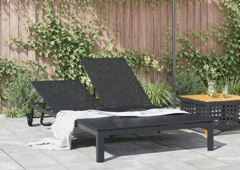 Șezlong cu perne și roți, 2 persoane, negru, poliratan - 3/5