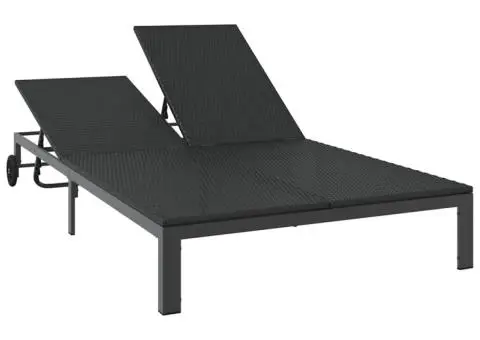 Șezlong cu perne și roți, 2 persoane, negru, poliratan - 4/5