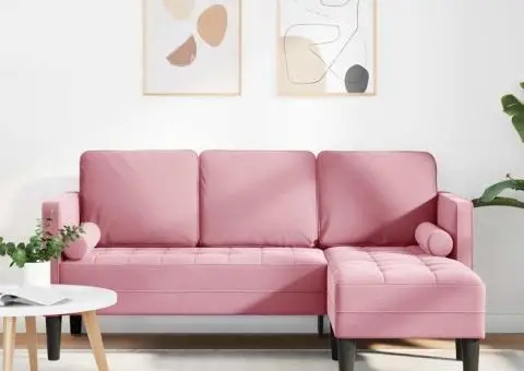 Canapea cu 3 locuri și șezlong în formă de L, roz deschis, 160 cm, catifea - 1/5