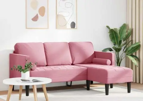 Canapea cu 3 locuri și șezlong în formă de L, roz deschis, 160 cm, catifea - 3/5
