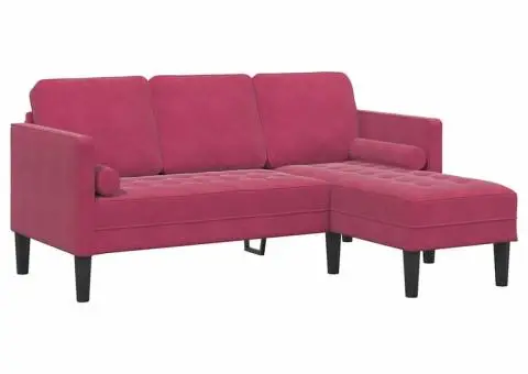 Canapea 3 locuri cu șezlong de tip L, Vin Roșu, 160 cm Catifea - 2/5