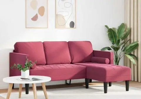 Canapea 3 locuri cu șezlong de tip L, Vin Roșu, 160 cm Catifea - 3/5