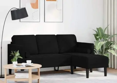 Sofa cu 3 locuri cu Chaise în formă de L Neagră 160 cm Catifea - 3/5